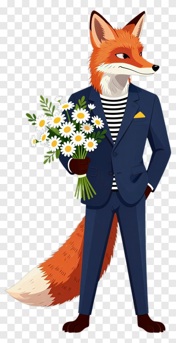 Fox In Suit Holding Daisy Bouquet PNG