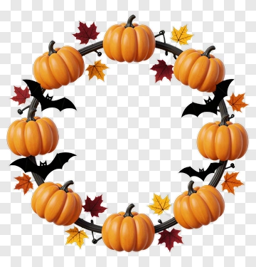 Pumpkin Wreath With Leaves And Bats PNG