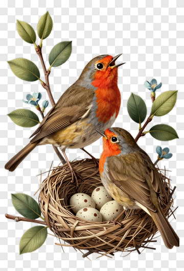 Two Robins In A Nest With Eggs PNG