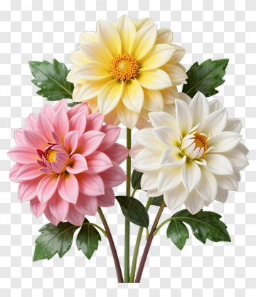 Three Dahlia Flowers In Soft Colors PNG