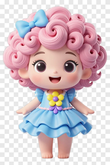 Curly-haired Doll In Blue Dress PNG