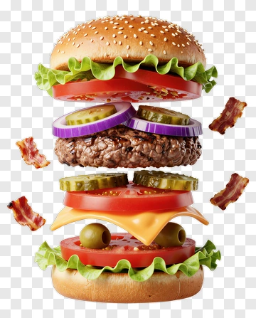 Floating Hamburger With Bacon And Vegetables PNG