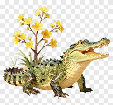 Playful Crocodile With Yellow Flowers PNG