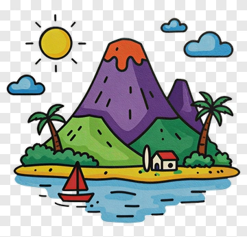 Tropical Island With Volcano And Sailboat PNG