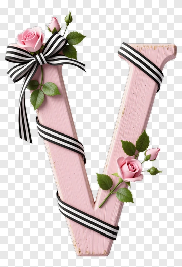 Decorative Pink Letter V With Roses PNG