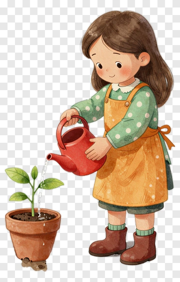 Girl Watering A Small Plant PNG