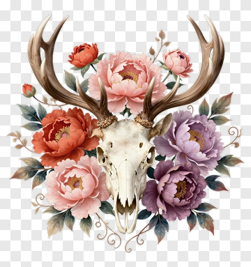 Deer Skull Surrounded By Peonies PNG