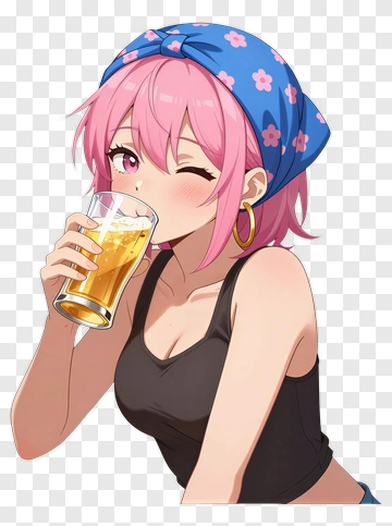Anime Girl Drinking Beer With Pink Hair PNG