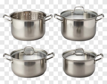Set Of Stainless Steel Pots And Colander PNG