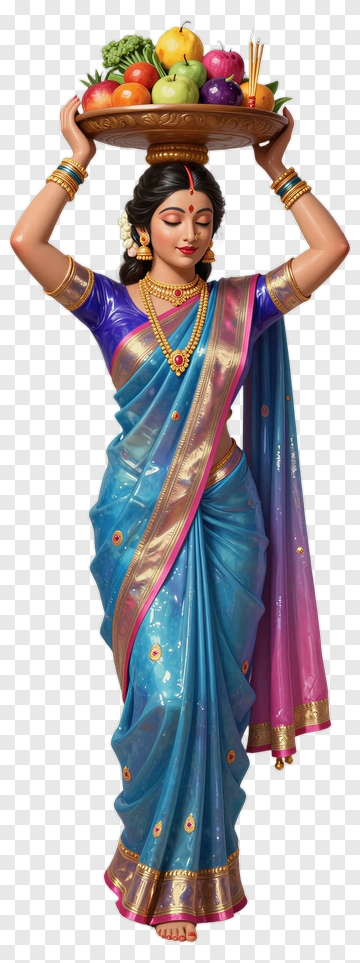 Woman In Sari Offering Fruits And Incense PNG