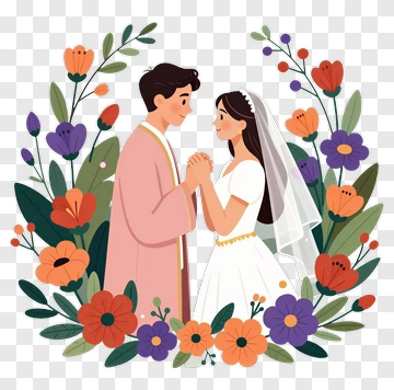 Bride And Groom In Floral Frame PNG