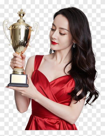 Woman In Red Dress Holding Trophy PNG