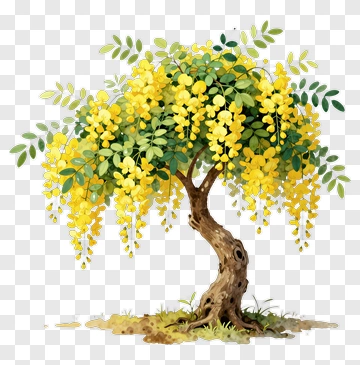 Yellow Flowering Tree With Green Leaves PNG