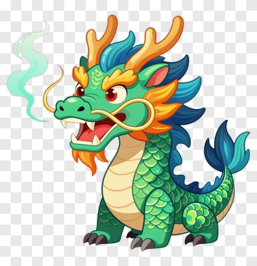 Cartoon Green Dragon With Orange Horns PNG
