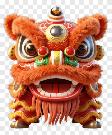 Red Lion Dance Mask With Gold Accents PNG