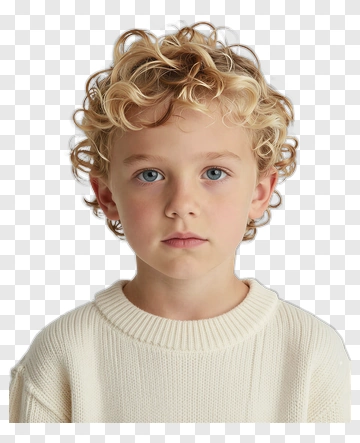 Young Boy With Curly Blonde Hair And Blue Eyes PNG