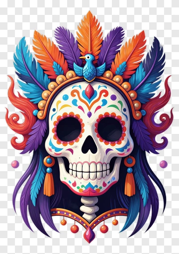 Vibrant Sugar Skull With Feather Headdress PNG