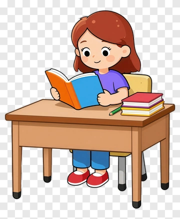 Girl Reading Book At Desk PNG
