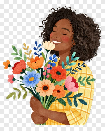 Woman Smelling Bouquet Of Flowers PNG