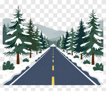 Snowy Road Through Pine Forest PNG