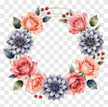 Watercolor Flower Wreath With Roses And Dahlias PNG