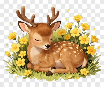 Sleeping Fawn Among Yellow Flowers PNG