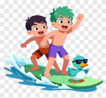 Two Boys And A Duck Surfing Together PNG