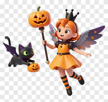 Halloween Witch Fairy With Flying Cat PNG