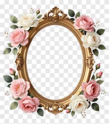 Gold Frame With Pink And White Roses PNG