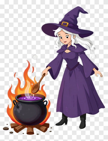Cartoon Witch Stirring Purple Potion PNG