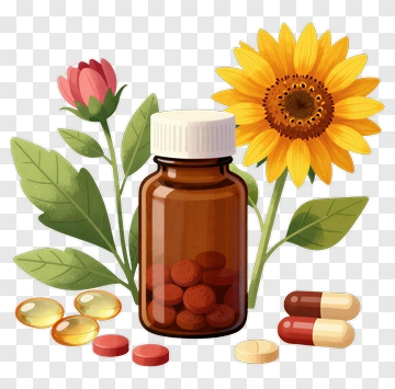 Medicine Bottle With Sunflower And Rose Bud PNG