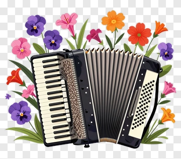 Black And White Accordion Surrounded By Colorful Flowers PNG