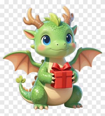 Cute Green Dragon Holding Red Gift PNG