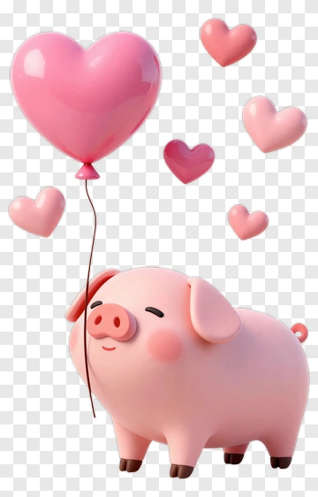 Pink Pig Holding Heart Balloon PNG