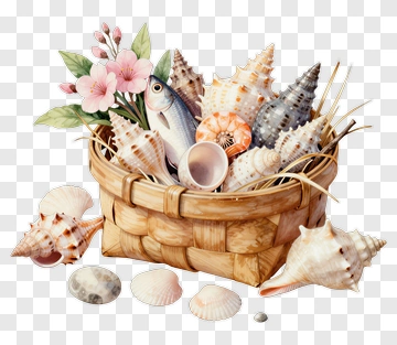 Basket Of Seashells With Flowers PNG
