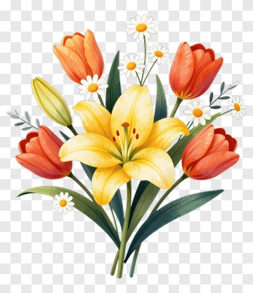 Flower Bouquet With Tulip Lily And Daisy PNG