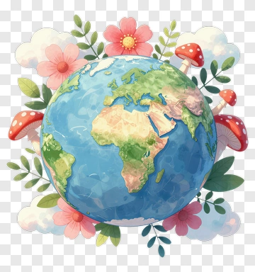 Earth Surrounded By Flowers And Mushrooms PNG