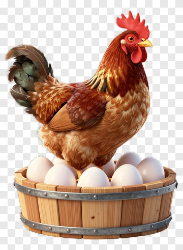 Rooster Standing On Eggs In Wooden Basket PNG