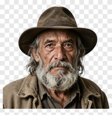 Old Man With Bearded Face And Worn Hat PNG