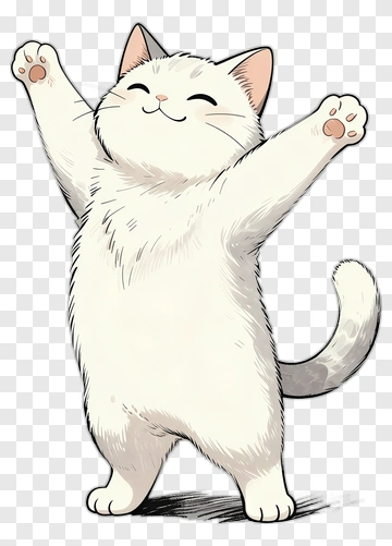 Happy White Cat With Raised Paws PNG