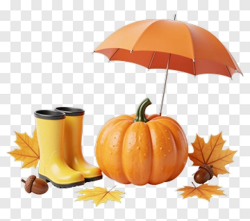 Orange Umbrella Pumpkin And Rain Boots PNG