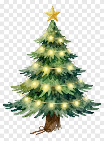 Watercolor Christmas Tree With Star And Lights PNG