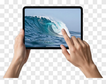 Hands Holding Tablet With Ocean Wave Display PNG