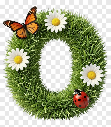 Letter O Made Of Grass With Butterflies And Flowers PNG