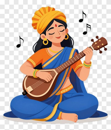 Woman Playing Sitar With Musical Notes PNG
