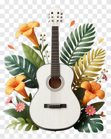 Acoustic Guitar Surrounded By Tropical Flowers PNG