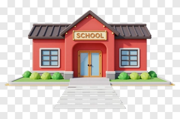 Red School Building With Green Bushes PNG