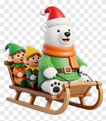 Polar Bear And Elves On Sled PNG