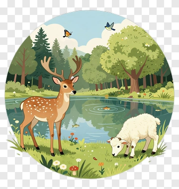 Deer And Sheep By The Pond PNG