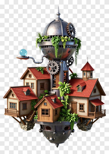 Floating Steampunk House With Red Roofs And Greenery PNG
